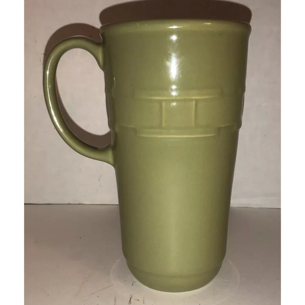 Longaberger Vitrified Pottery Green Coffee Mug Basket Weave Design 6 1/4